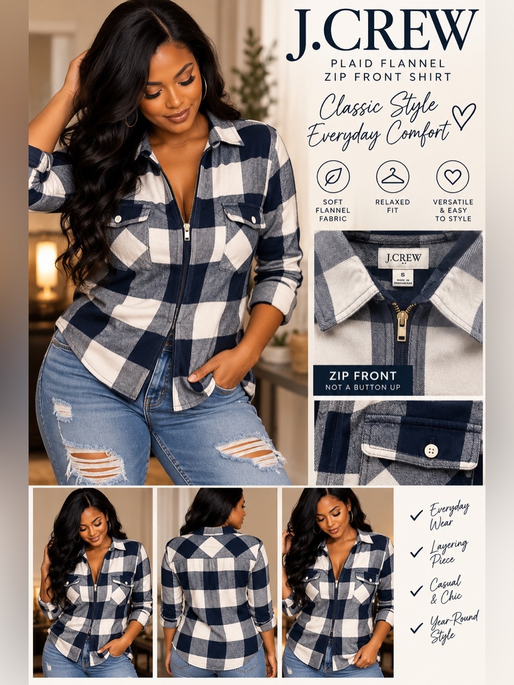 J. Crew Women’s Navy & White Plaid Flannel Zip-Front Shirt size Small